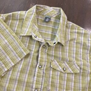 Stio Eddy Pearl Snap Shirt Men's  XL Yellow Green Plaid Check Short Sleeve